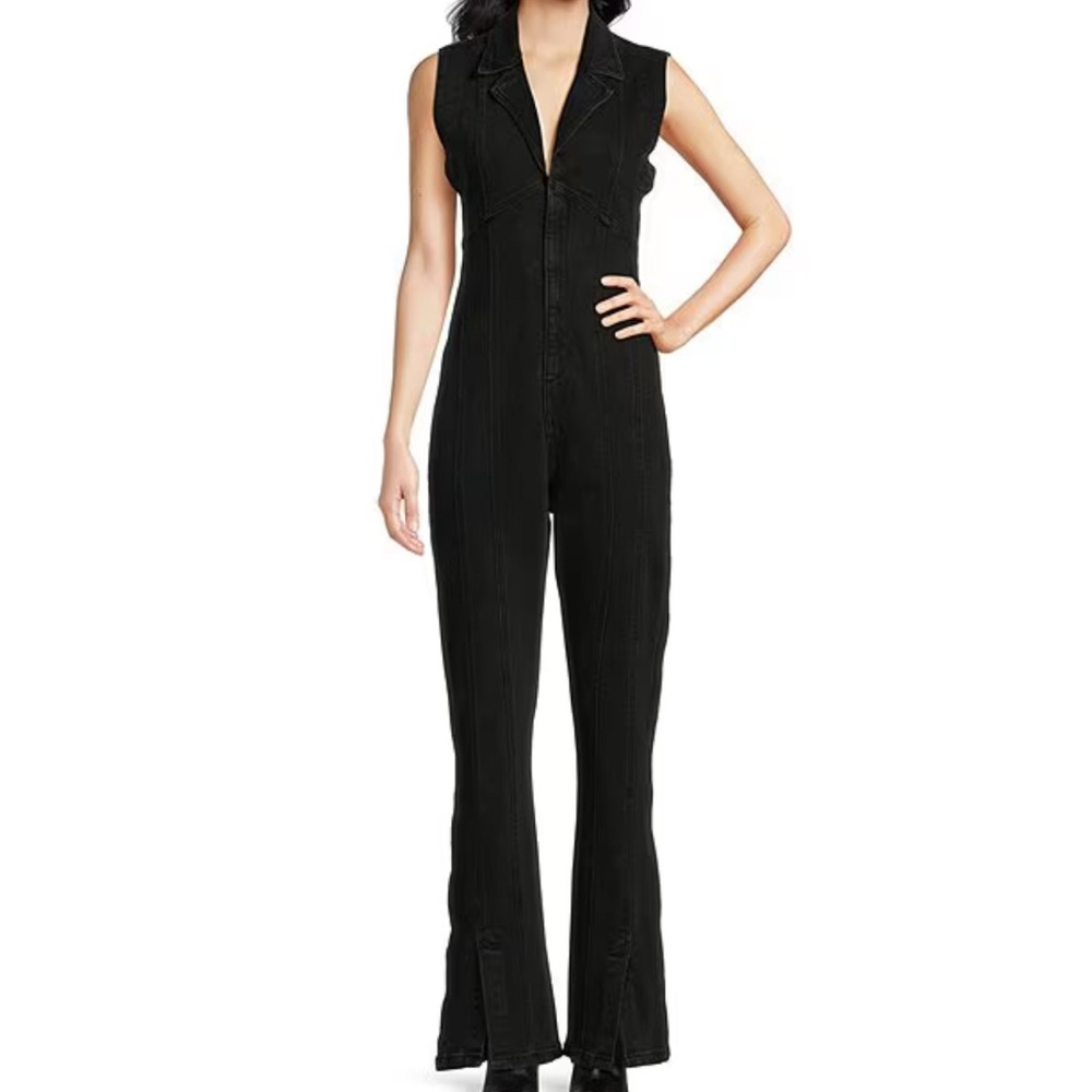 Free People CRVY Ring The Alarm Denim V-Neck Sleeveless Zip Front Flare Jumpsuit